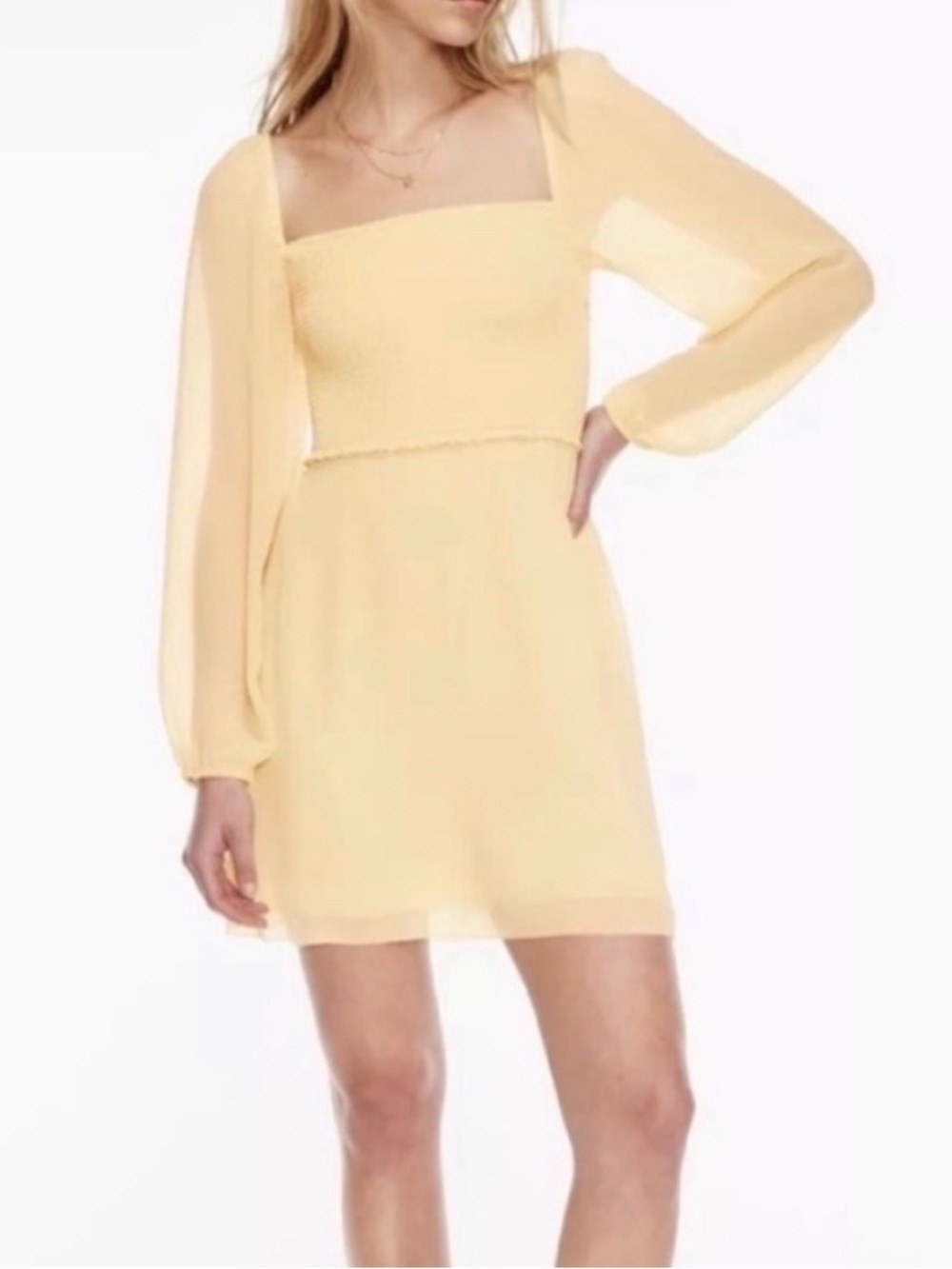 Wilfred Aritzia Villa Square-Neck Long Sleeve Mini Dress in Color Wheat Size 0